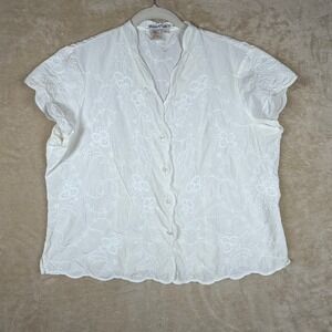 Winter Silks Embroidered Floral Shirt Blouse Women's XL White Silk Cotton Blend